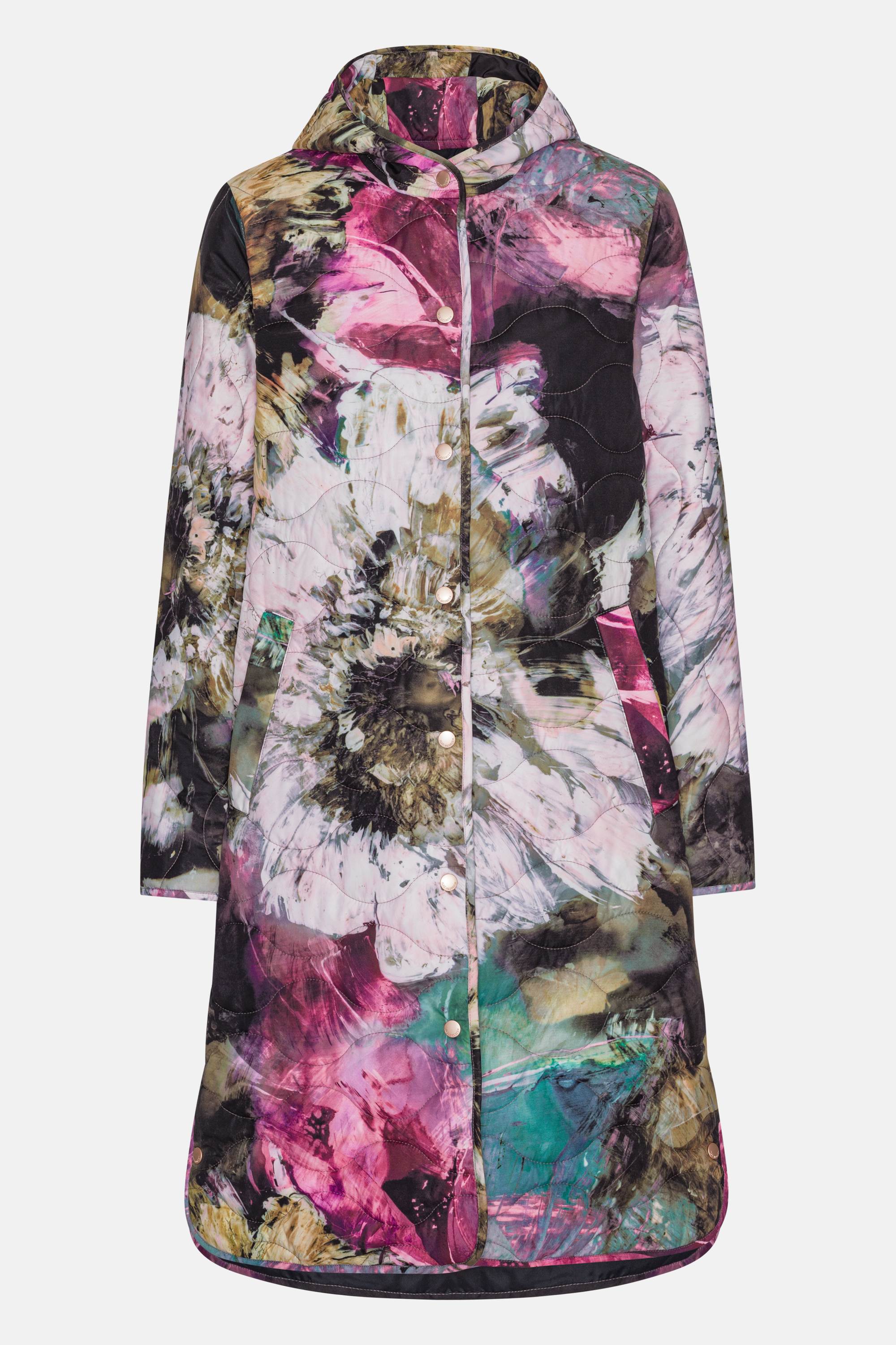 Lang Quiltet Frakke - Artistic Flower Print